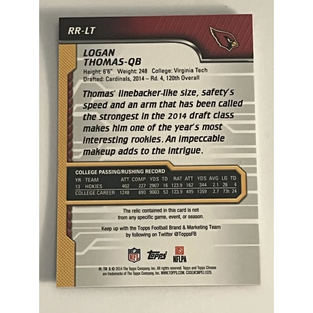 Logan Thomas 2014 Topps Chrome Rookie Jersey Arizona Cardinals RC
